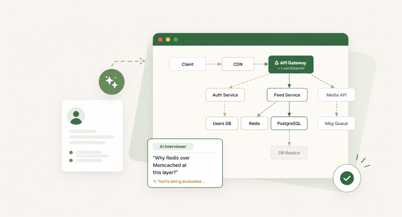 ArchWyse mock interview — AI interviewer asks follow-up questions as you build your system design on the whiteboard
